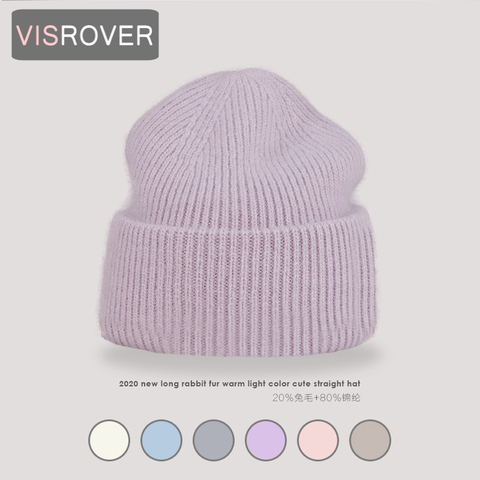 VISROVER 8 Colors Unisex Solid Color Real Rabbit Fur Beanies Winter Hat For Woman Knit Bonnet Acrylic Woman Autumn Warm Skullies ► Photo 1/6