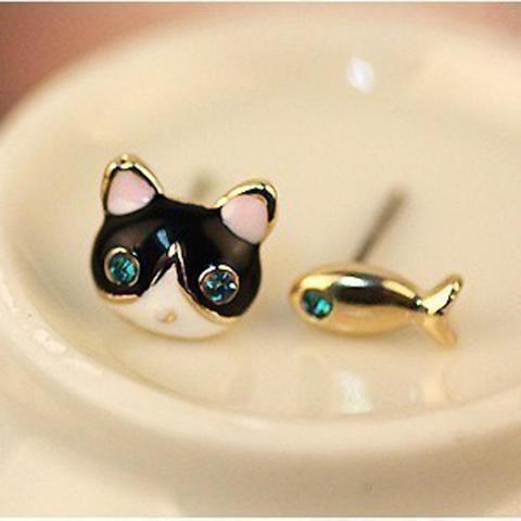 2022 Simple Fashion Earrings Jewelry High Quality Blue Crystal Cat And Fish Asymmetric Earring For Women Boucle D'oreille Femme ► Photo 1/3