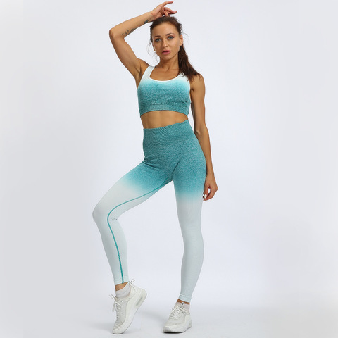 Seamless High Waist Gradient Yoga Set Gym Running Fitness Women Sportwear Stretch Push Up Leggings & Bra Ombre Workout Suits ► Photo 1/6