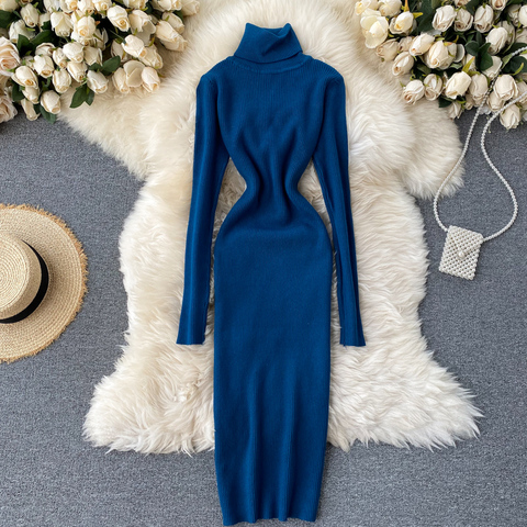 Sweater Dress 2022 Winter Turtleneck Warm Long Sleeve Knit Dress Korean Fashion Casual Solid Women Midi Bodycon Dress ► Photo 1/6