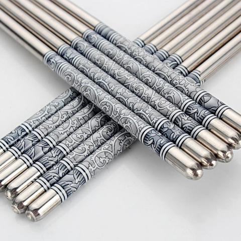 3 Pairs Flower Printed Chopsticks Stainless Steel Food Chop Stick Reusable Non-slip Baguettes Chinese Home Kitchen Tableware New ► Photo 1/6