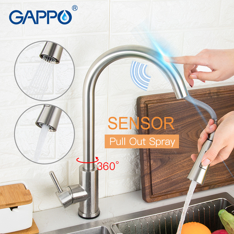 GAPPO Kitchen Sink Faucet Sensor Stainless Steel Touch Faucet Single Handle Kitchen Faucet Pull Out Dual Outlet Water Modes ► Photo 1/6