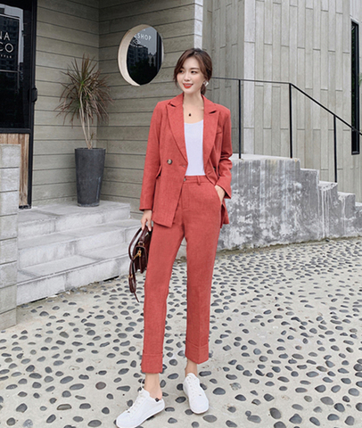 Vintage Spring Women's Pantsuit Notched Blazer Jacket & 2022 Office Wear Female Sets ► Photo 1/6