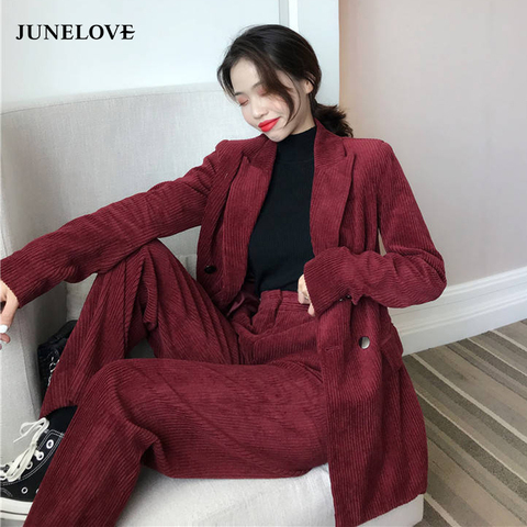 JuneLove Autumn Women Elegant Sets Corduroy Blazer OL Notch Collar Jacket Female 2 Pieces Double Breasted Coats Outwears Bottoms ► Photo 1/6