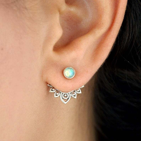 Bohemian Openwork Metal Lotus Opal Stud Earrings Vintage Jewelry Antique Silver Color Detachable Joint Earrings Mujer ► Photo 1/6