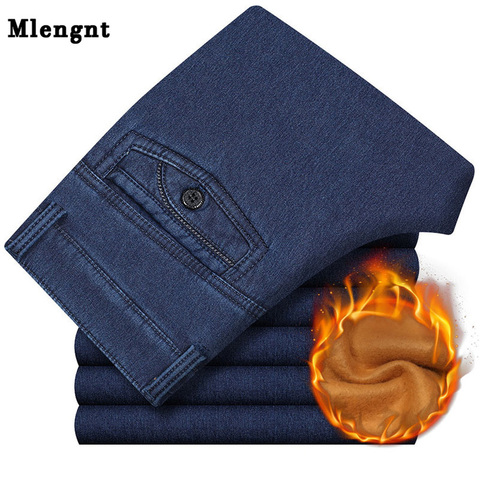 Big Size Classic Business Jeans For Men Autumn Winter Male Casual High Quality Thick Fleece Warm Elastic Denim Pants Size 30-44 ► Photo 1/6
