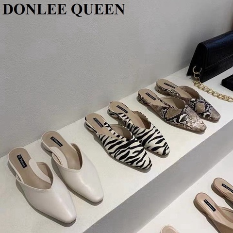 New Brand Slippers Women Square Toe Slip On Mules Shoes Fashion Zebra Snake Pattern Low Heel Ladies Slides Female Spring Loafers ► Photo 1/6