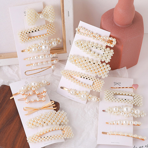 1Set Korean Fashion Simulation Pearl Haipin Women Hair Accessories Geometric Gold Acrylic Barrette Clips Jewelry Girl Wedding ► Photo 1/6