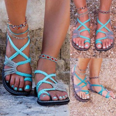 2022 Roman Summer Sandals Explosion Color Matching Rope Knot Beach Toe Sandals Women Plus Size 35-43 ► Photo 1/6