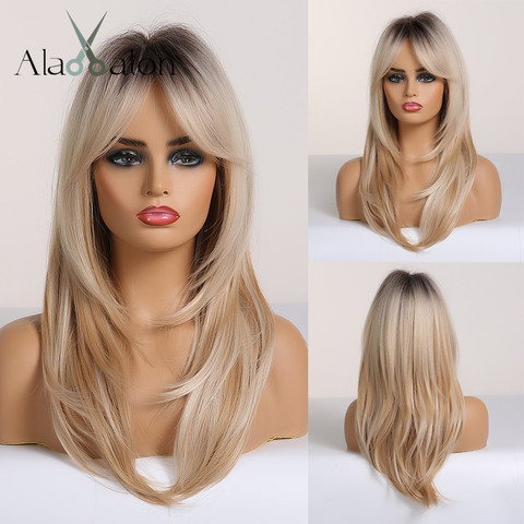 ALAN EATON Long Straight Wigs Ombre Black Blonde Ash Wigs with Bangs Heat Resistant Synthetic Wigs for African American Women ► Photo 1/6