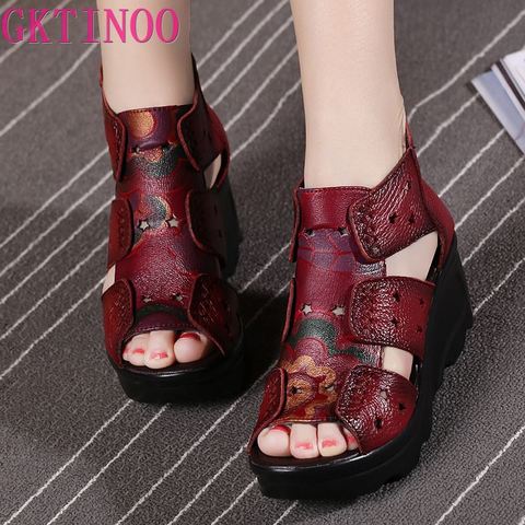 GKTINOO 2022 Ethnic Style Genuine Leather Women Shoes Sandals Wedges Sandals Handmade Genuine Leather Women Sandal ► Photo 1/6