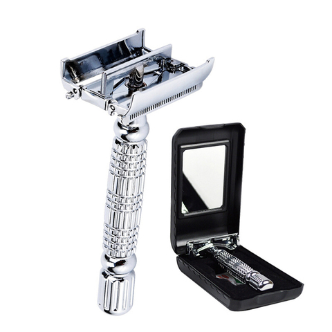 Barber Safety Blade Razor Shaver Double Edge Butterfly Twist Open T-Shaped Unisex 1 Travel Case with Mirror ► Photo 1/6