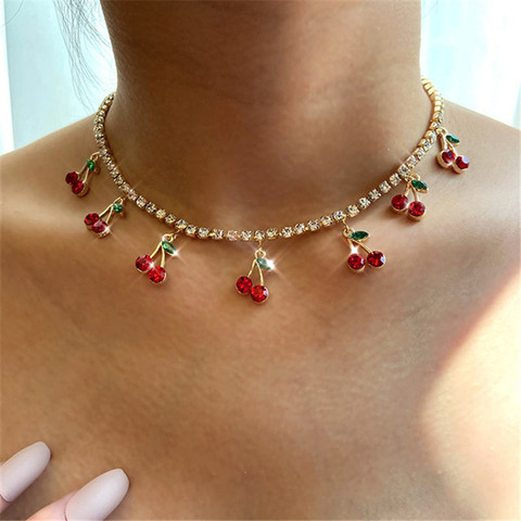 BYNOUCK New Luxury Red Cherry Crystal Tennis Chain Women's Necklace Charm Cute Pendant Necklaces Women Rhinestone Jewelry Gift ► Photo 1/6