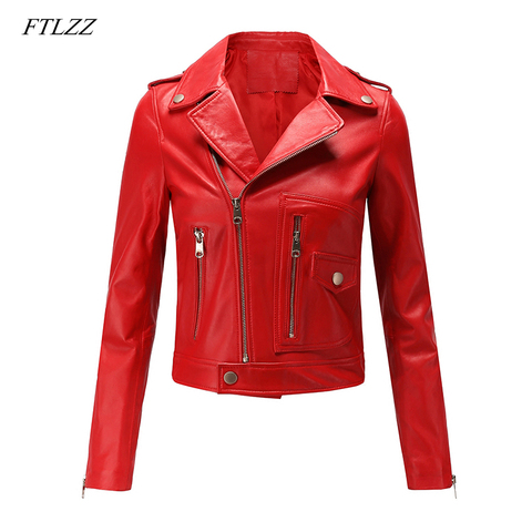 FTLZZ Women Motorcycle Pu Leather Jacket Winter And Spring Black Red Faux Leather Coat Turn Down Collor Lady Outerwear ► Photo 1/6