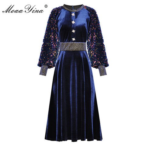 MoaaYina Fashion Designer dress Spring Autumn Women's Dress Sequin Lantern sleeve Crystal Button Velvet Dresses ► Photo 1/6