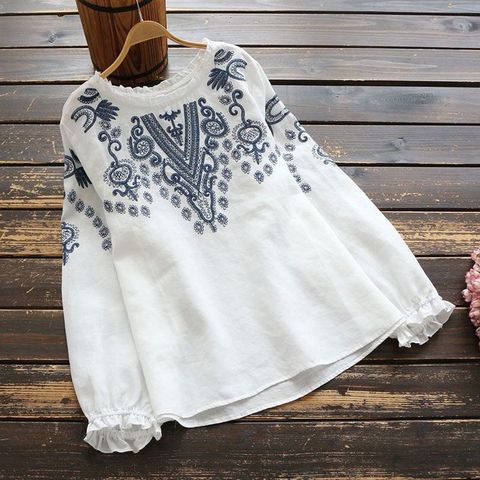 Spring Long Sleeve Ruffles Tops Women Vintage Embroidery Blouse  Casual O Neck Cotton Linen Blusas Femininas Shirt Mujer ► Photo 1/6