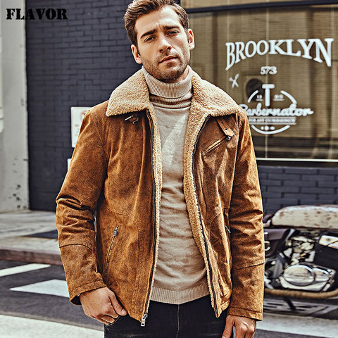 FLAVOR New Men's Genuine Leather Motorcycle Jacket Pigskin with Faux Shearling Real Leather Jacket Bomber Coat Men ► Photo 1/6