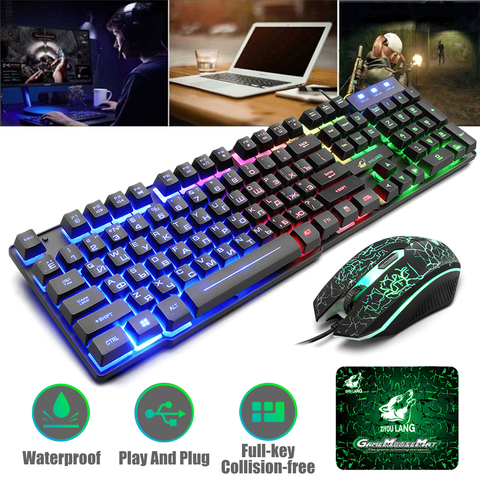 T5 Rainbow Backlight USB Keyboard 104 keys Ergonomic Gaming English Russian Keyboard And Mouse Set for PC Laptop with Mouse Pad ► Photo 1/6