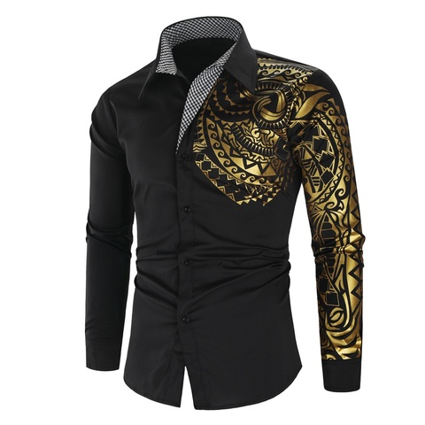 Men's Shirt Brand 2022 Men's Luxury Gold High Quality Long Sleeve Shirt Business Dress Black Men's Dress Prom Social Print Shirt ► Photo 1/6