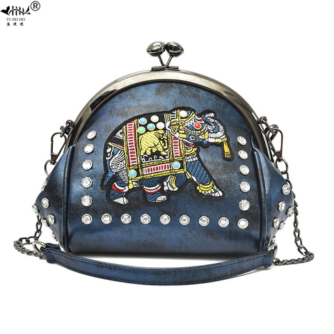 Embroidery Elephant Kiss Lock Shell Bags PU Leather Chain Women Shoulder Crossbody Bag 48 pcs Insert Diamonds Women's Handbags ► Photo 1/6