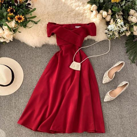 Neploe Sexy Slash Neck Strapless Shoulder Solid Dress Party Temperament Cross Design Slim Zipper Dress High Waist Ropa 47873 ► Photo 1/6