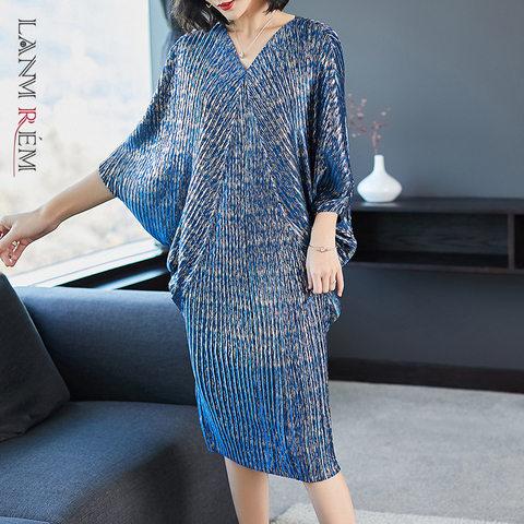 LANMREM 2022 High Quality New Fashion V Collar Pleats Batwing Sleeve Loose Big Size Dress For Women Print Clothing Vestido YE853 ► Photo 1/5