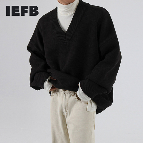 IEFB /men's wear autumn winter V-neck sweater fashionable loose style knitted tops thickened loose vintage clothes male 9Y3277 ► Photo 1/5