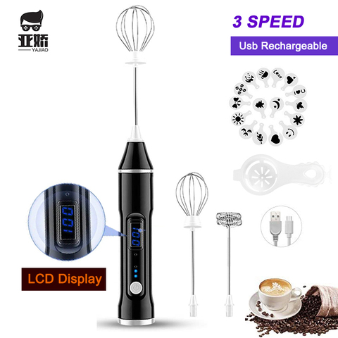 Electric Milk Frother USB Rechargeable Handheld Blender 3-Speed LCD Display  Mixer for Coffee Egg Milk Egg Beater Drink Mixer