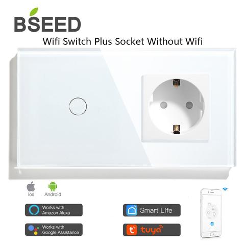 BSEED WIFI 1/2/3Gang Touch Light Switch Smart Wall Switch Smart Life APP Glass Panel with EU Socket Without Wifi White ► Photo 1/6