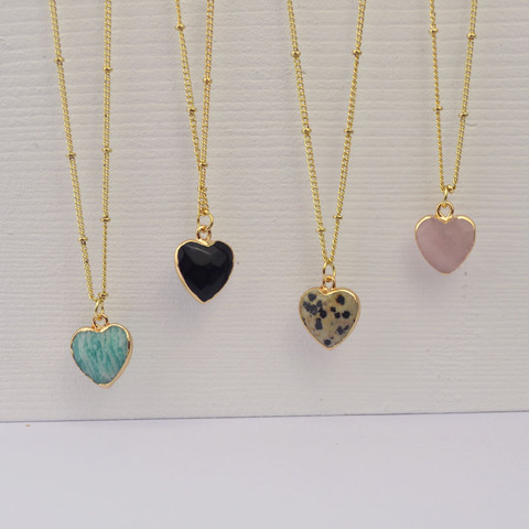Dainty Chain Heart Shape Semi Precious Stone Pendant Necklace Gold Rim Natural Stone Short Necklace Female ► Photo 1/6