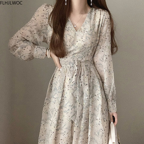 2022 Autumn Basic Long Dress Long Sleeve V Neck Floral Printed Retro Vintage A Line Women Dresses Chic Korea Fashion Vestidos ► Photo 1/6