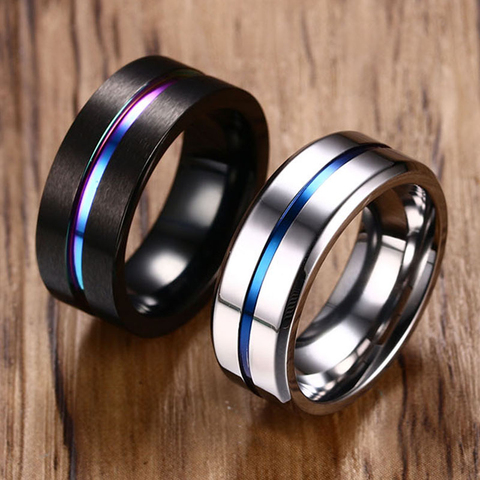 Vnox 8mm Black Ring for Men Women Groove Rainbow Stainless Steel Wedding Bands Trendy Fraternal Rings Casual Male Jewelry ► Photo 1/6