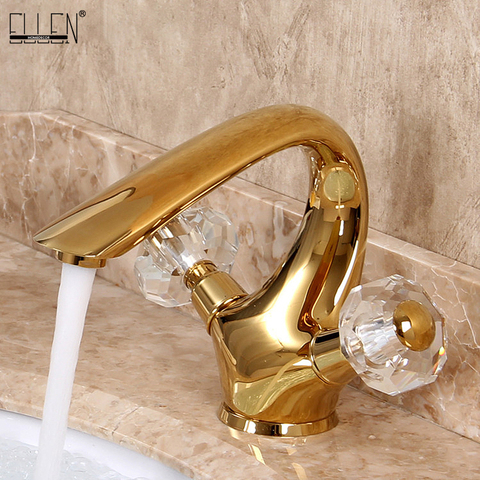 Luxury crystal brass gold bathroom basin sink faucet deck mounted dual handle hot and cold water mix tap Golden faucets EL7426 ► Photo 1/6