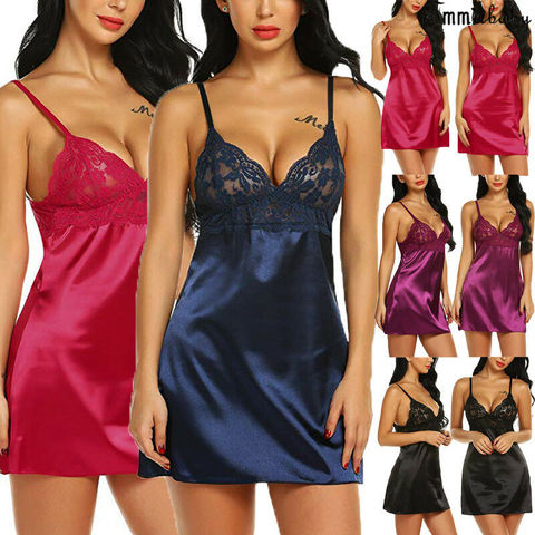 Women's Night Short Dress Nightgown Satin Silk Lace Lingerie Pajamas Sleepwear ► Photo 1/6