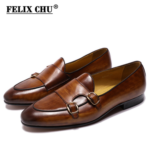 FELIX CHU Genuine Leather Mens Loafer Shoes Handmade Monk Strap Wedding Party Casual Dress Shoes Black Brown Footwear for Men ► Photo 1/6