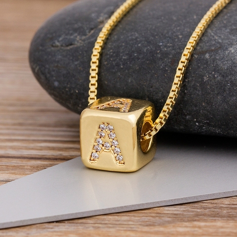 Buy Online New Design Diy Alphabet Cube Pendant Necklace Long Chain Gold Letter Necklace For Women Men Initial Family Name Jewelry Gift Alitools