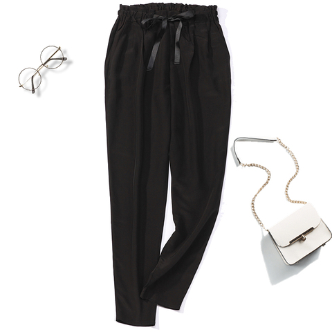 Women's 100% Pure Silk Belted Waist Long Pants Trousers with pockets Black Color JN439-1 ► Photo 1/5