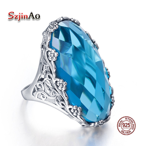 100% Real 925 Sterling Silver Rings For Wome Classic Flower Plants Garden Oval Aquamarine Ring 925 Silver Creative Fine Jewelry ► Photo 1/6