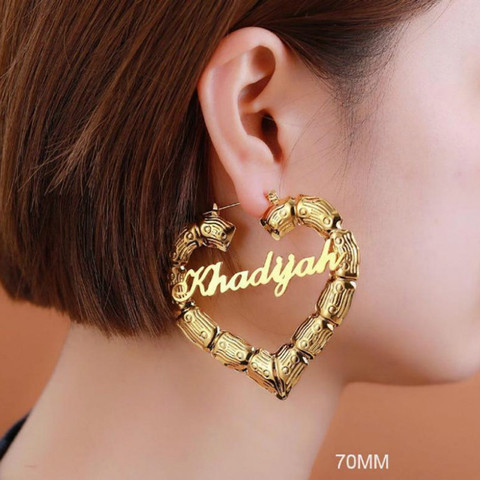 45mm-90mm Custom Bamboo Hoop Earrings Stainless steel Custom Name Earrings Heart-shaped / round bamboo Earrings Personality Gift ► Photo 1/5