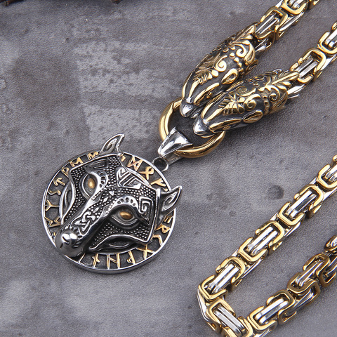 Never Fade Men stainless steel Wolf head norse viking amulet thor hammer pendant necklace viking king chain ► Photo 1/6