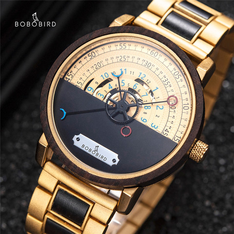 BOBO BIRD Men Automatic Mechanical Watch Wood Wristwatches Transparent Backcover Golden Timepieces Chronograph erkek kol saati ► Photo 1/6