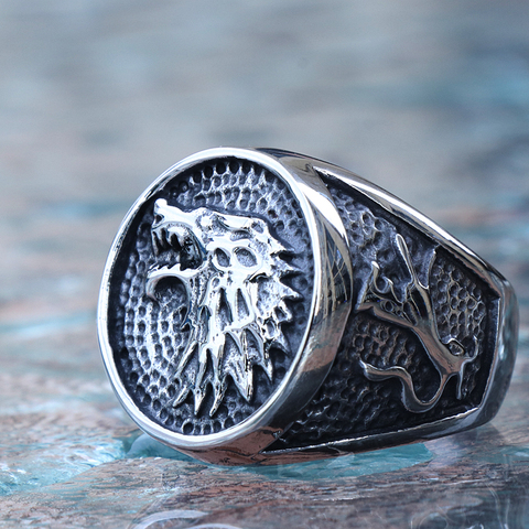 Retro Viking Stainless Steel Wolf Ring Men Biker Ice Wolf House Stark Winterfell Animal Ring Nordic Fashion Jewelry Size 7-13 ► Photo 1/6