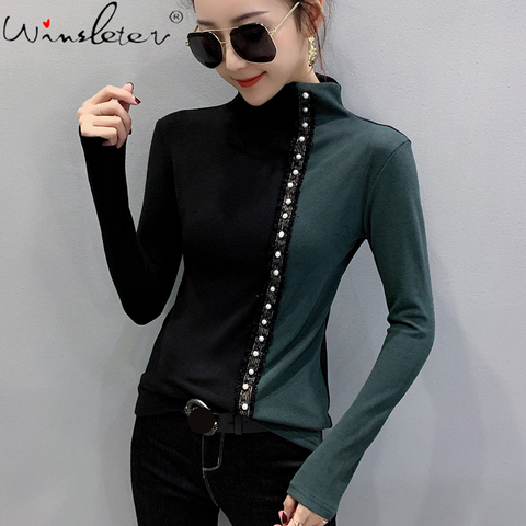 Stretch Beading Patchwork Thick T-Shirt Women Autumn T Shirts Turtleneck Long Sleeve Top Color Block Tee Plus Size 3XL T07927B ► Photo 1/6