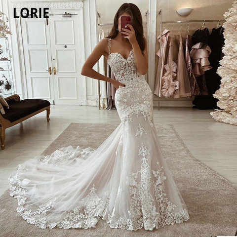 LORIE Ivory Mermaid Wedding Dresses Lace Appliques Tulle Bridal Gowns with Train Sweetheart Spaghetti Straps Vintage Gowns 2022 ► Photo 1/5