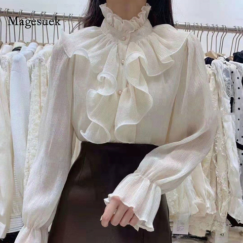 2022 Spring Ruffle Stitching Palace Blouse Women Long Flare Sleeve Buttons Ruched Loose Top New Stand Collar Chiffon Shirt 12946 ► Photo 1/6