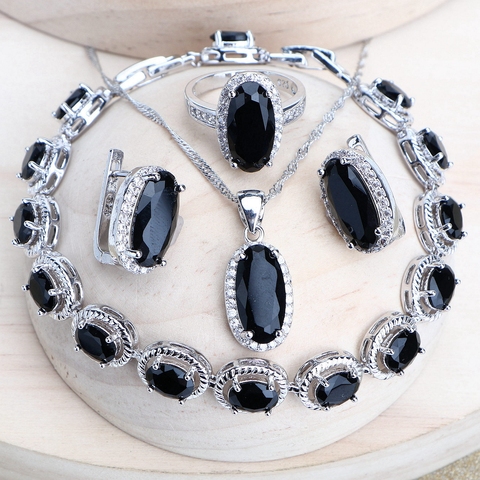 Trendy Women Bridal Jewelry Sets Silver 925 Black Cubic Zirconia Jewellery Wedding Earrings Rings Bracelets Pendant Necklace ► Photo 1/6