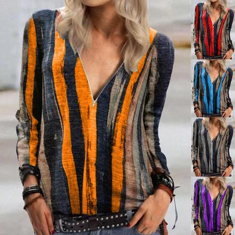 Autumn Women Long Sleeve Zip Neckline Vertical Stripes Tie Dye T-shirt Ladies Office Elegant Tops ► Photo 1/6