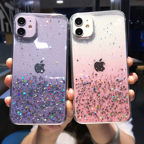 Clear Glitter Phone Case For iPhone 12 Pro 11 Pro Max XS Max XR X 7 8 Plus 12 Mini SE 2022 Cute Gradient Rainbow Sequins Coque ► Photo 1/6