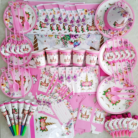 Kids girl birthday party disposable cup plates happy birthday unicorn tableware set pink nice party supplies fiesta unicornio ► Photo 1/6