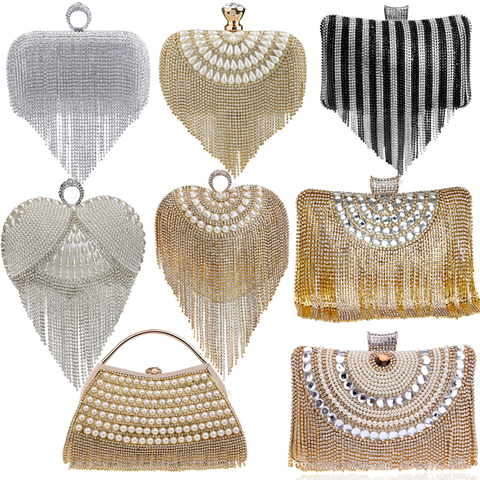 GLOIG Fashion women tassel evening bags diamonds beaded clutch wedding purse shoulder party laides case purse ► Photo 1/6